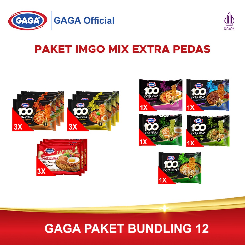 

PAKET SPESIAL GAGA Indonesia Mie Goreng Original 3 pcs + GAGA 100 Extra Pedas Mix Varian 11 pcs (GG189)