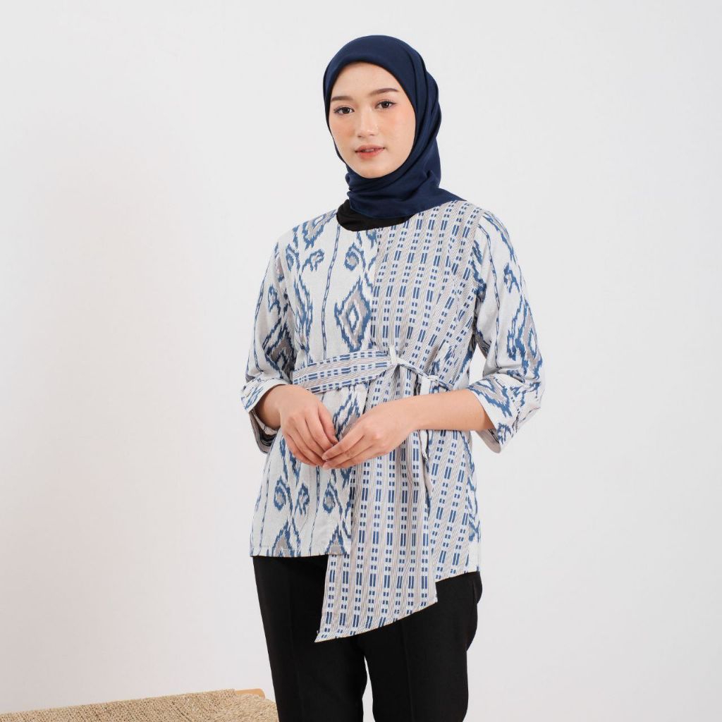 ATASAN BAJU BATIK WANITA KANTOR LENGAN PANJANG 7/8 TERLARIS SONGKET BIRU