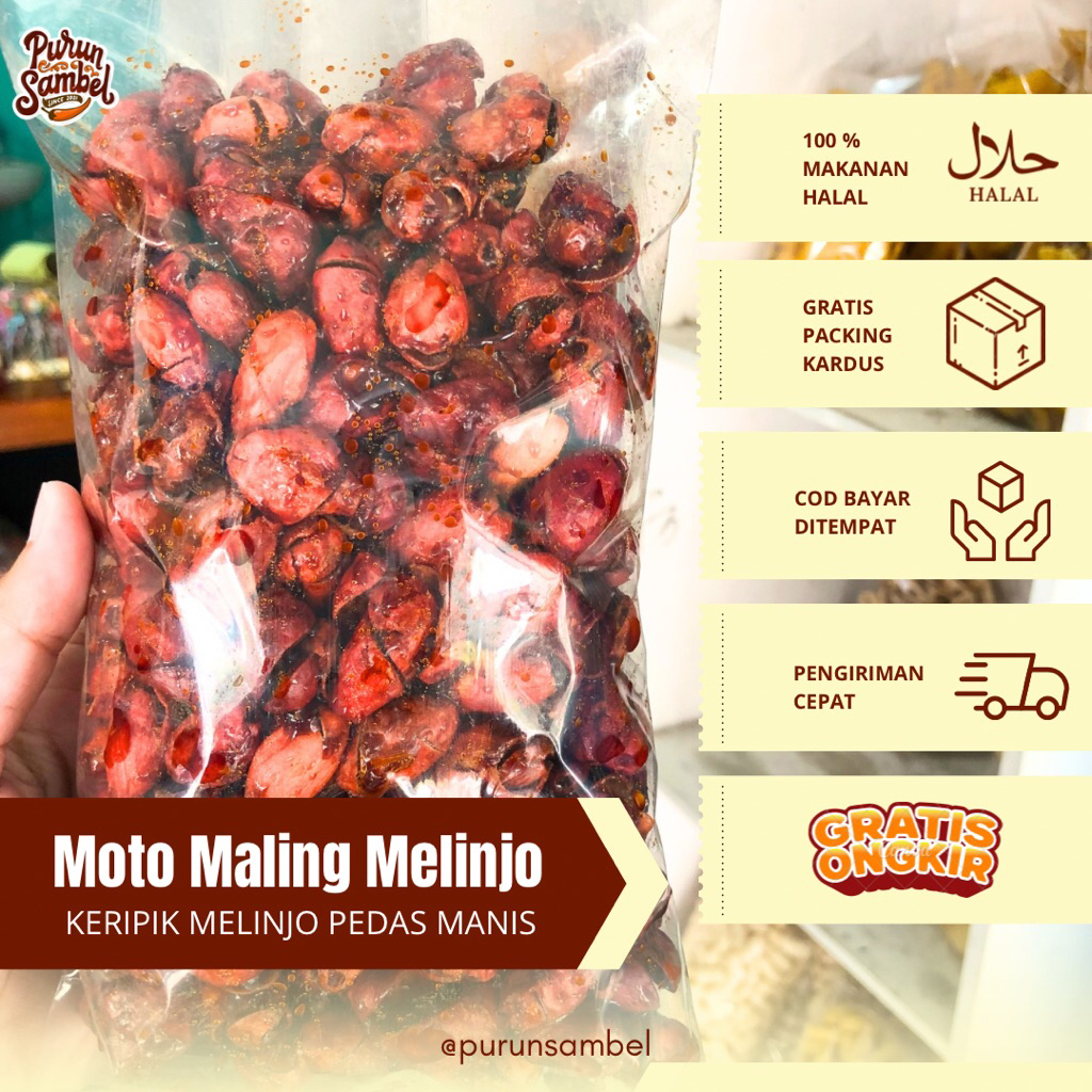 

Moto Maling Melinjo Pedas Manis 200 gram Halal Keripik Mlinjo Pedas Manis Repack by Purun Sambel