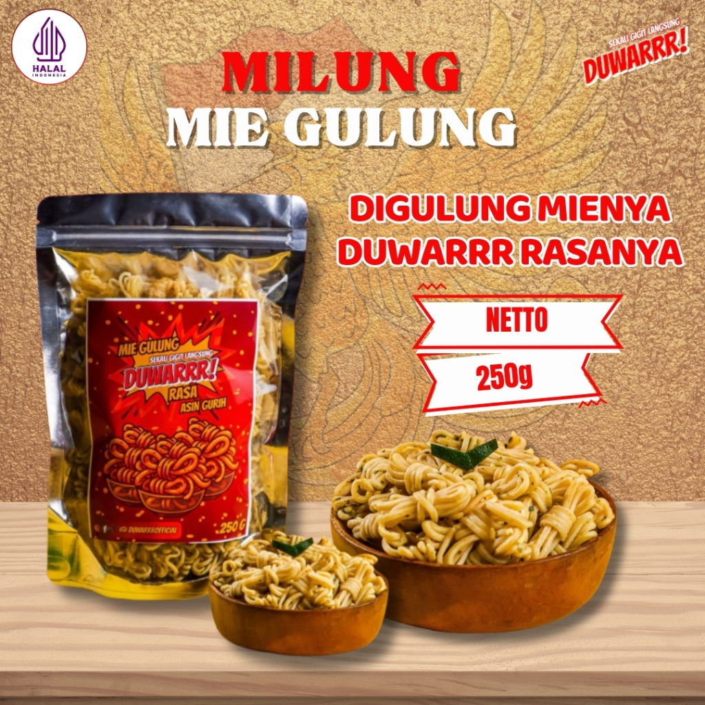 

Cemilan Mie Gulung DUWARRR 250g Original Pedas Manis Pedas Asin Daun Jeruk Gurih Renyah