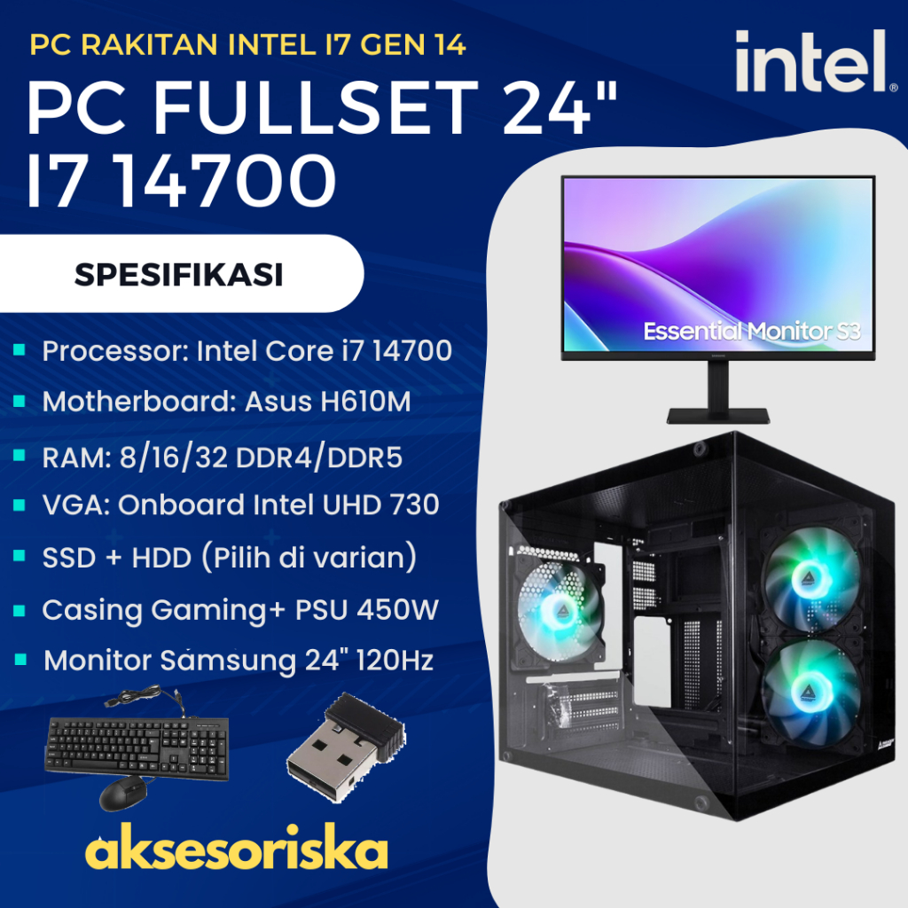 PAKET LENGKAP PC RAKITAN KOMPUTER KANTOR Intel Core i7 14700 MONITOR LED Samsung 24" PC Rakitan i7 G