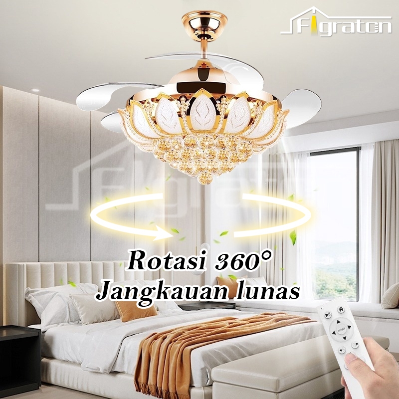 Lampu Kipas Angin Kristal Mewah LED 3 Warna Teratai Gantung Plafon Lotus Lampu Hias Ceiling Lamp