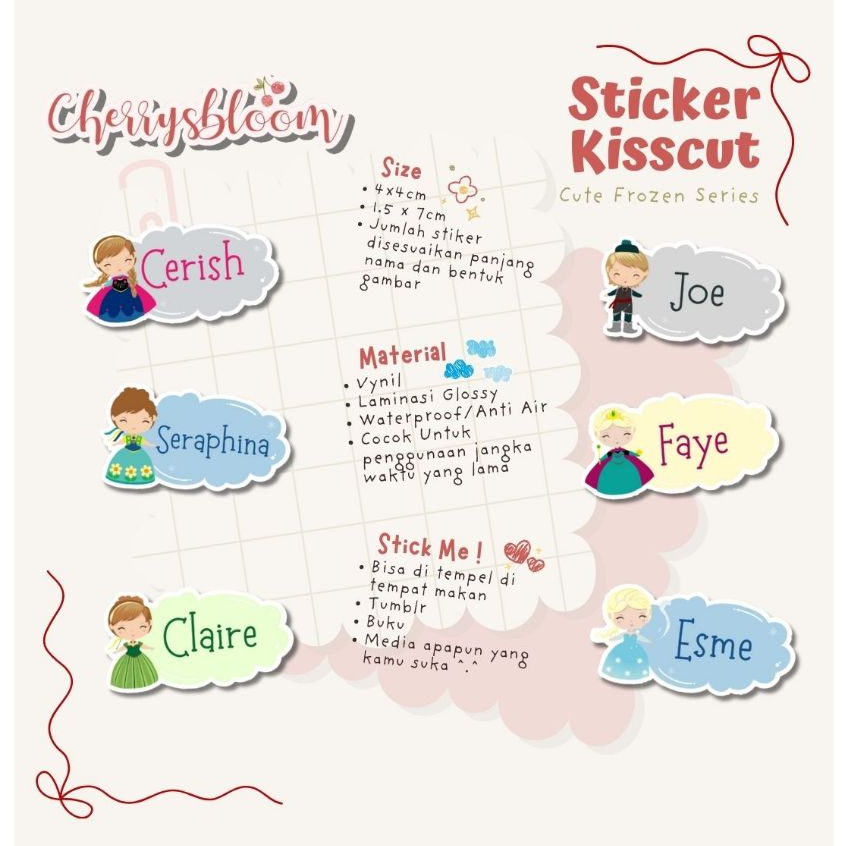 

Stiker Kiss Cut FROZEN SERIES 1 Label Nama Waterproof Tahan Air