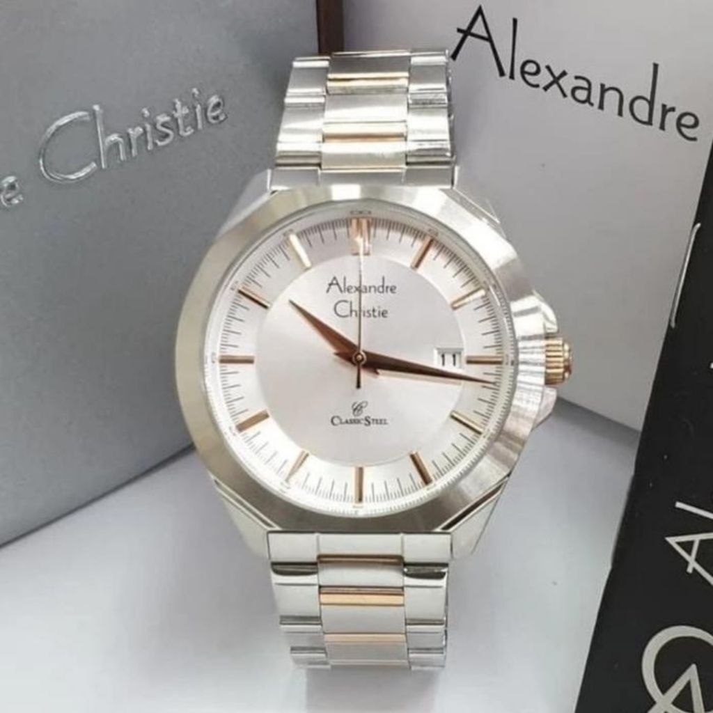 JAM TANGAN PRIA ORIGINAL ALEXANDRE CHRISTIE AC8596MD SILVER COMBINASI  ROSEGOLD STAINLESS STEEL