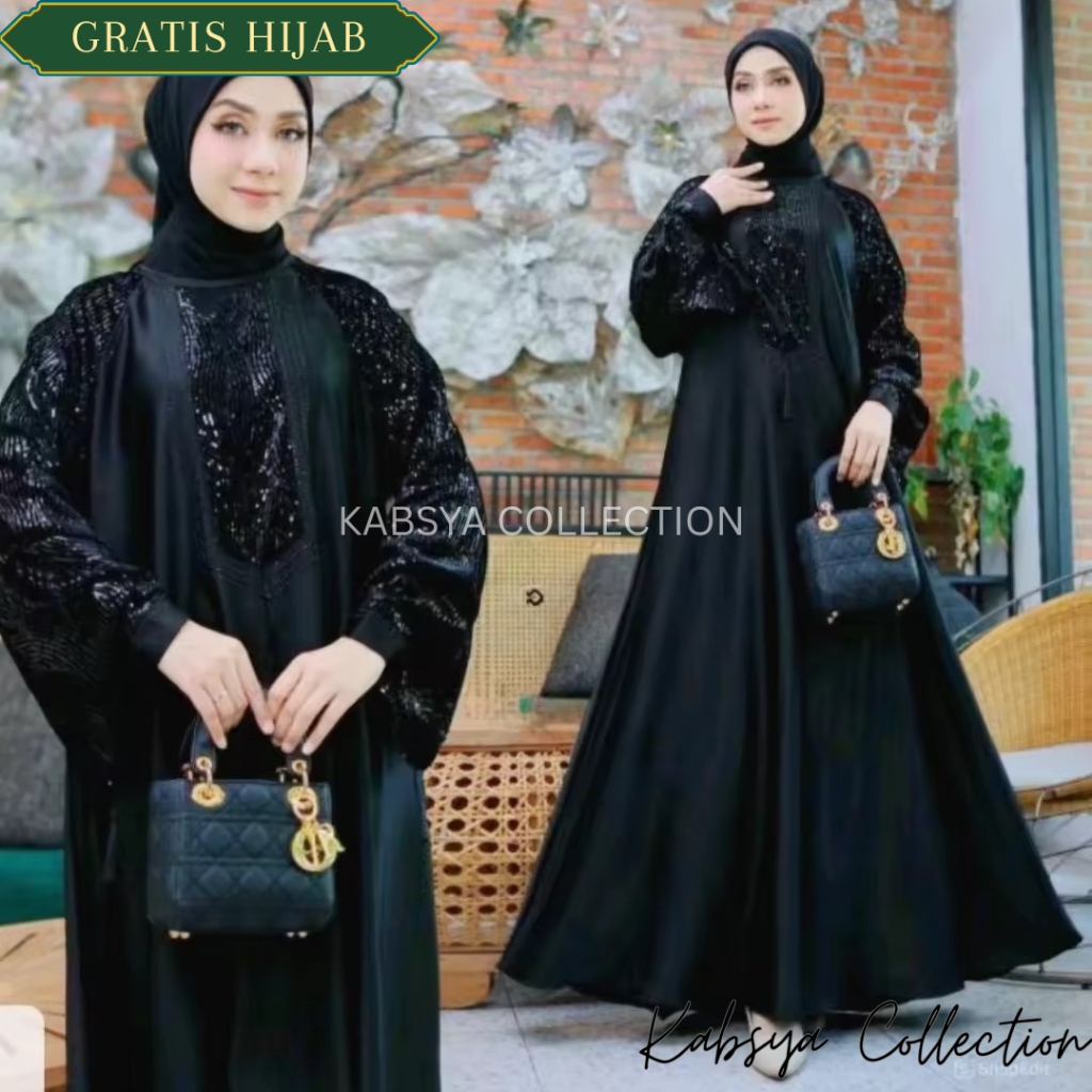 Instant COD - ABAYA MEWAH BAMBOO SILK FADIAH Basic Syari Kabsya Abaya Gamis Hitam Kaftan Saudi / Aba
