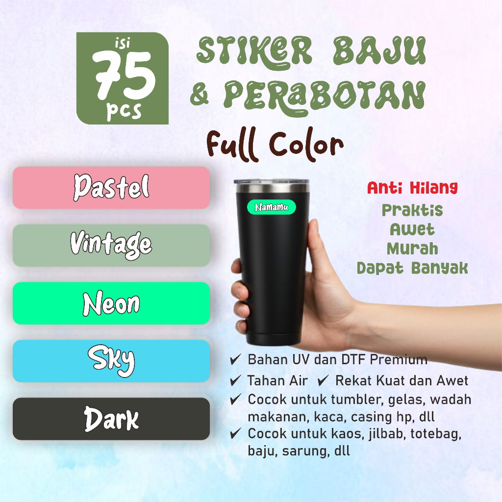 

Sticker Label Nama Kain Baju 75 Pcs Kaos Sablon Setrika DTF Iron Custom Tulisan Contour Tebal