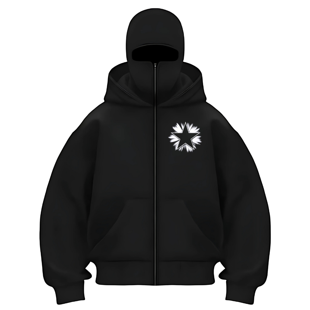 Hoodie Balaclava Zipper Reflektif Sablon Nyala Frenemy Jaket Boxy Hitam Pria Wanita