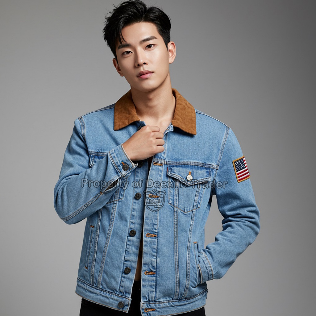 Jaket Denim Pria Model Korea Stylish Kerah Suede Cokelat Garmen Patch USA Bahan Tebal & Eksklusif