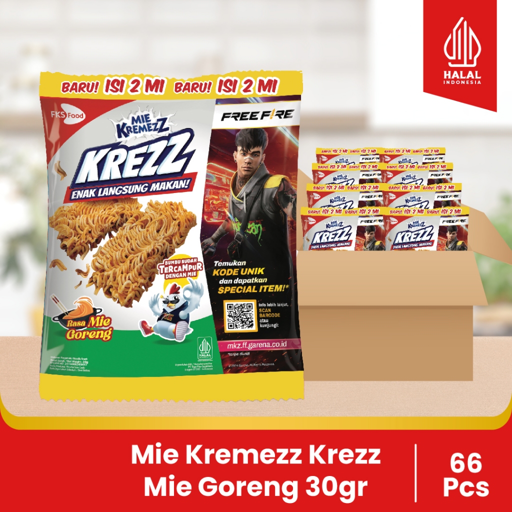 

Mie Kremezz Krezz - Mie Goreng - 1 karton (6 renceng) - 11pcs - 30gr