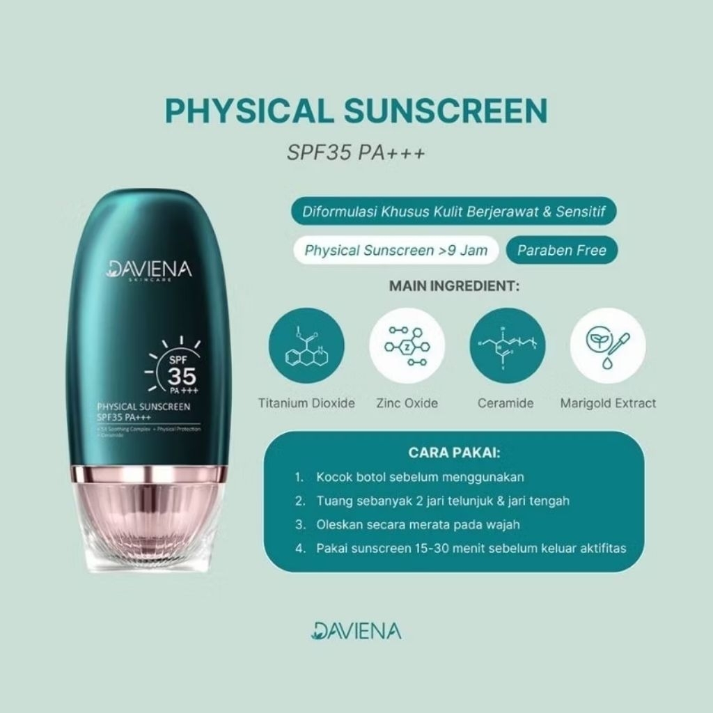 DAVIENA Skincare Sunscreen Kulit Wajah Sensitif Jerawat Acne Berminyak Spf 35 Mencerahkan