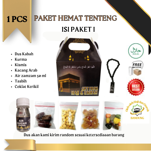 

Oleh Oleh Haji/Umroh 1 Pcs Paket I Dus, Botol+Air zam zam, Kurma, Kacang, Kismis, Tasbih, Cokil