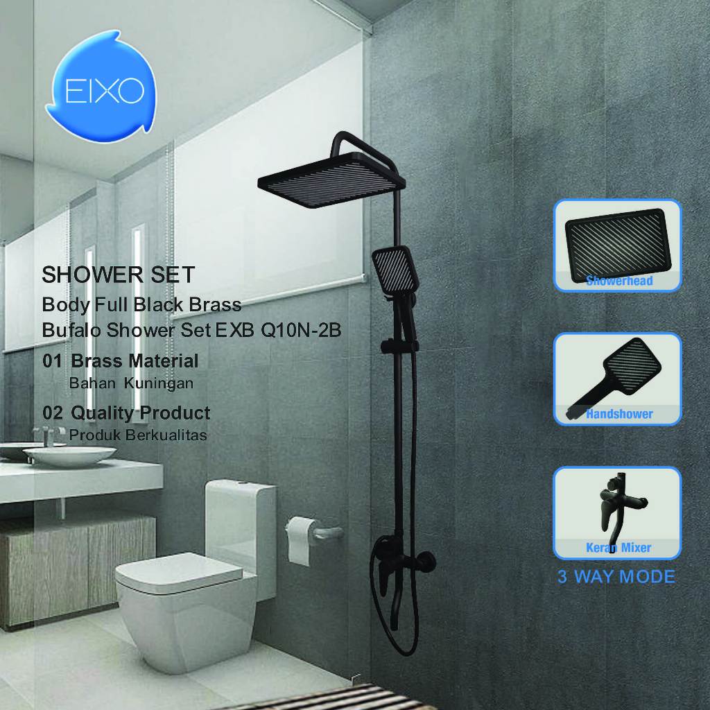 SET Shower Tiang Kamar Mandi Hitam Minimalis EIXO BUFALO Q10N-1B / Q10N-2B Panas Dingin