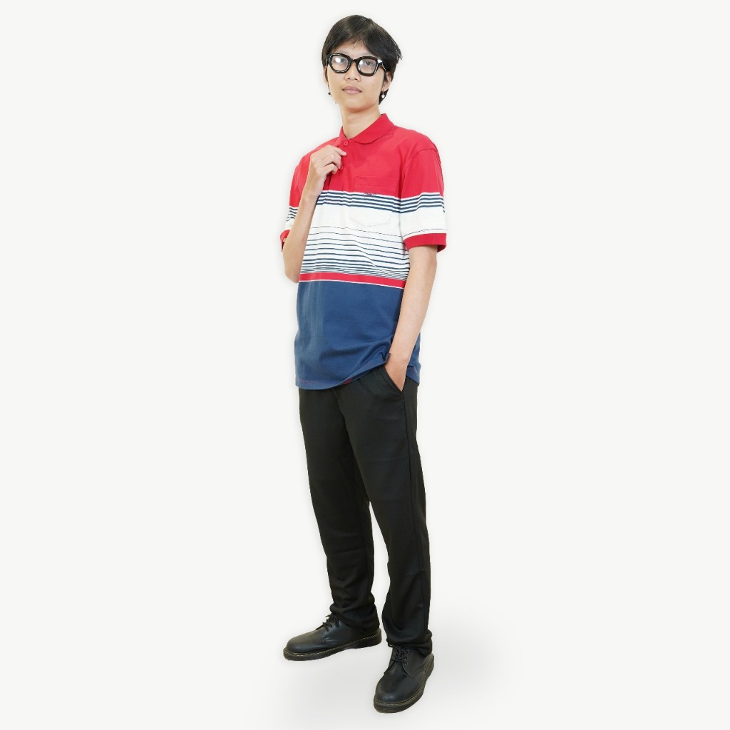 Hassenda Jose Kaos Polo Pria Motif Salur Terbaru Lengan Pendek Stripe Kaos Katun Berkerah Lengan Pen