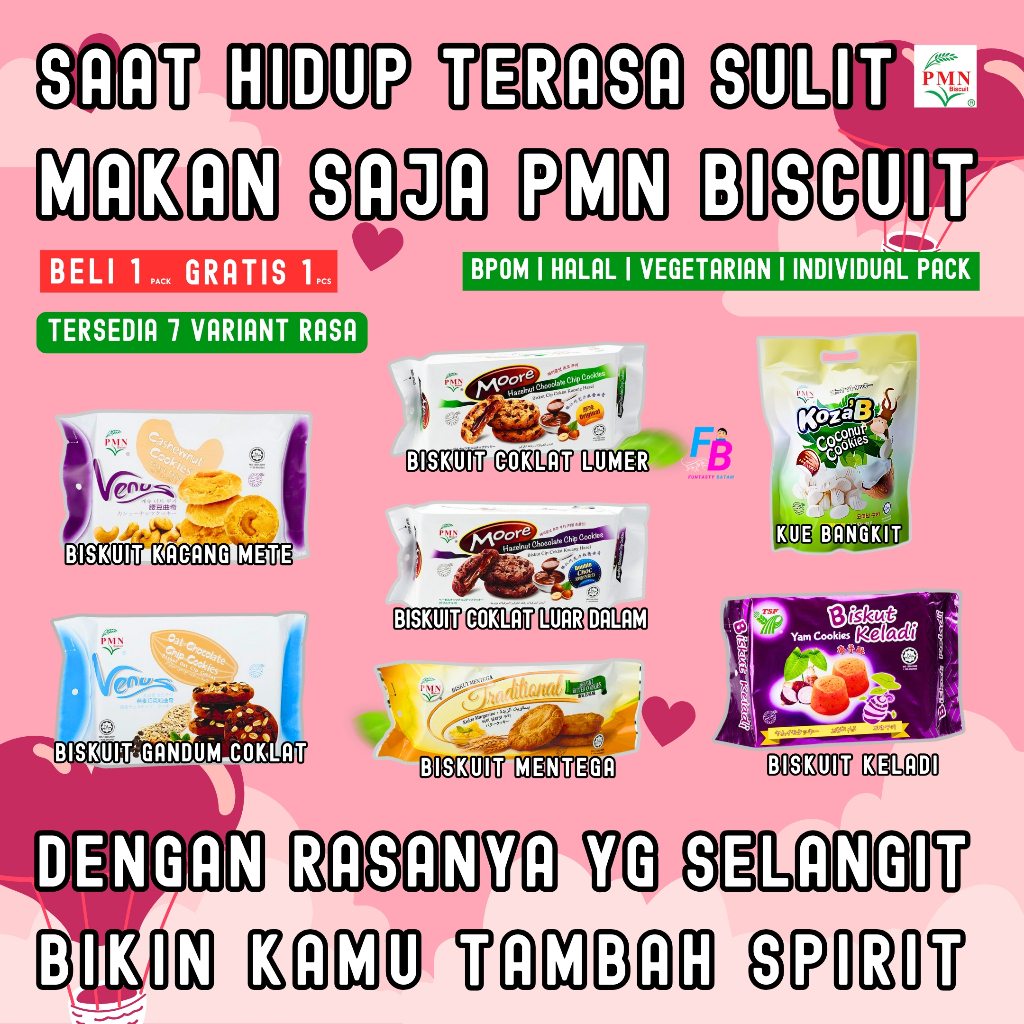 

Biskuit Import Malaysia Biscuit PMN Coockies Coklat | Gandum | Kacang | Kue Bangkit | Mentega