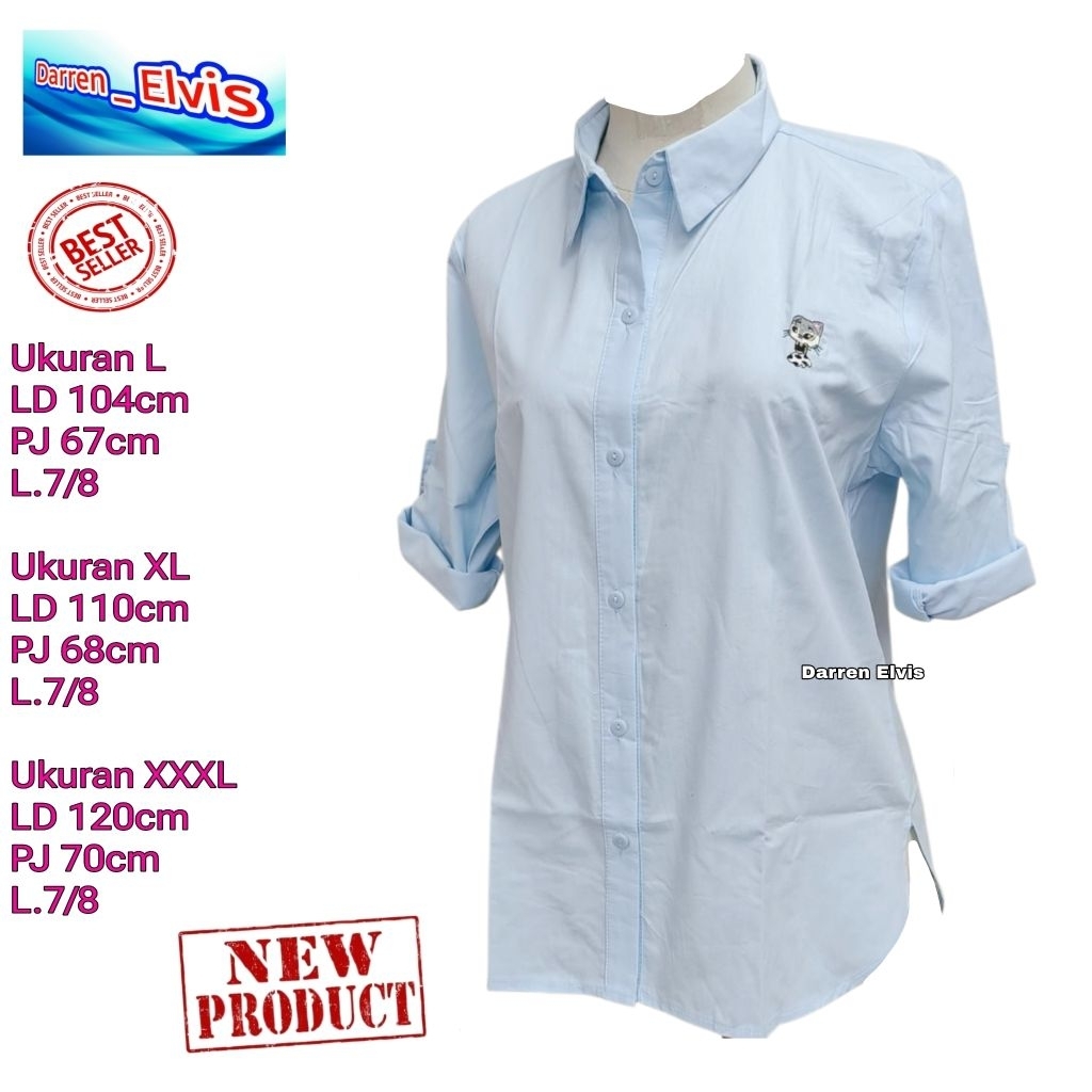 Kemeja Katun Wanita Warna Biru Pastel / Motif Bordir Boneka Kucing