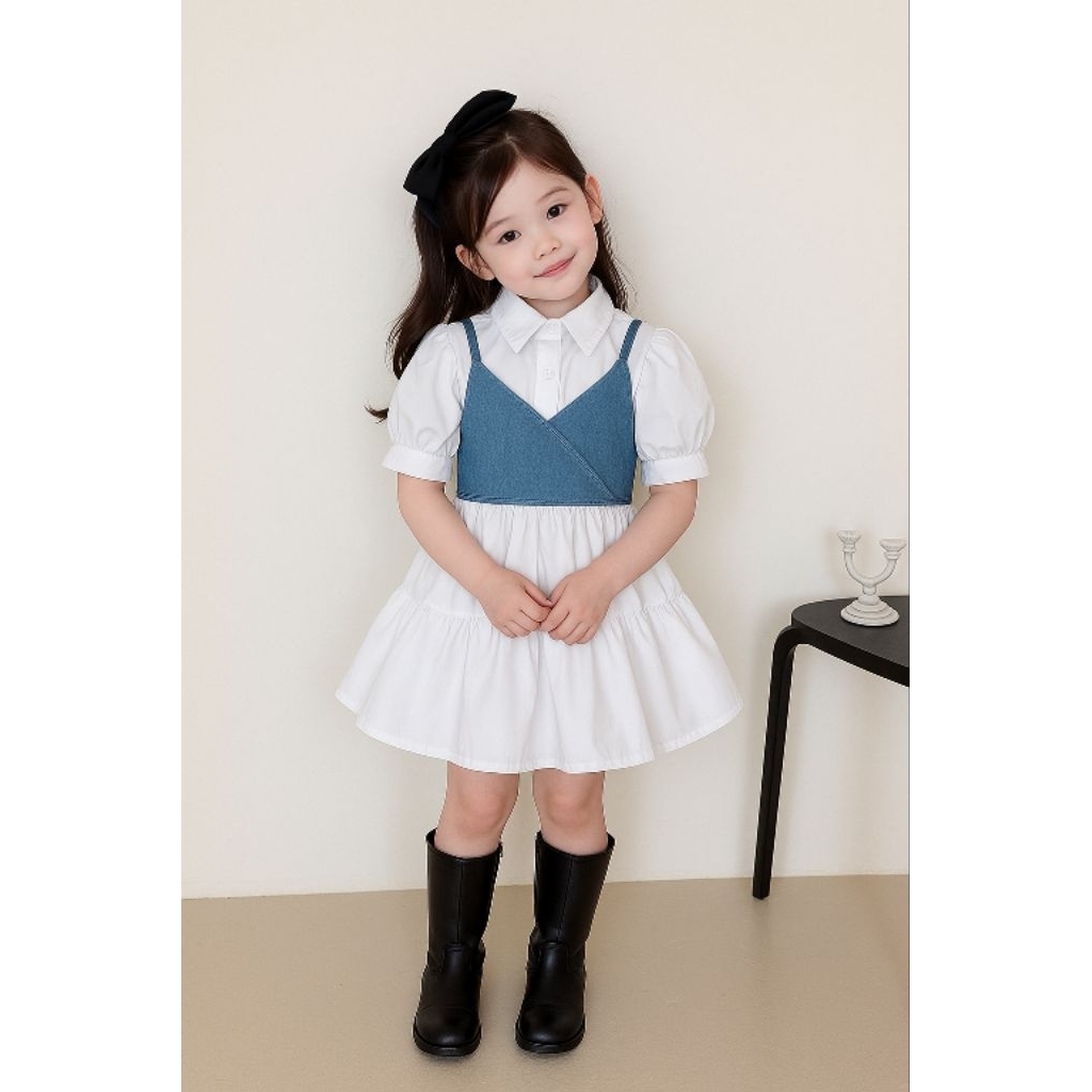 Dress anak Korea CC 619 Dress Rompi Jeans Lucu Mini Dress Anak Perempuan Denim Putih Lucu Gaun Casua