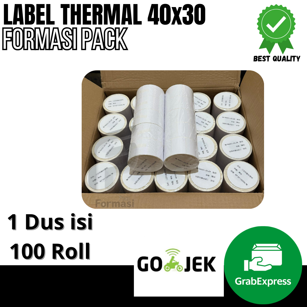 

LABEL STICKER THERMAL & CONTINOUS PAPER THERMAL 40 X 30 mm" isi 1000pcs (1dus isi 100 Roll)