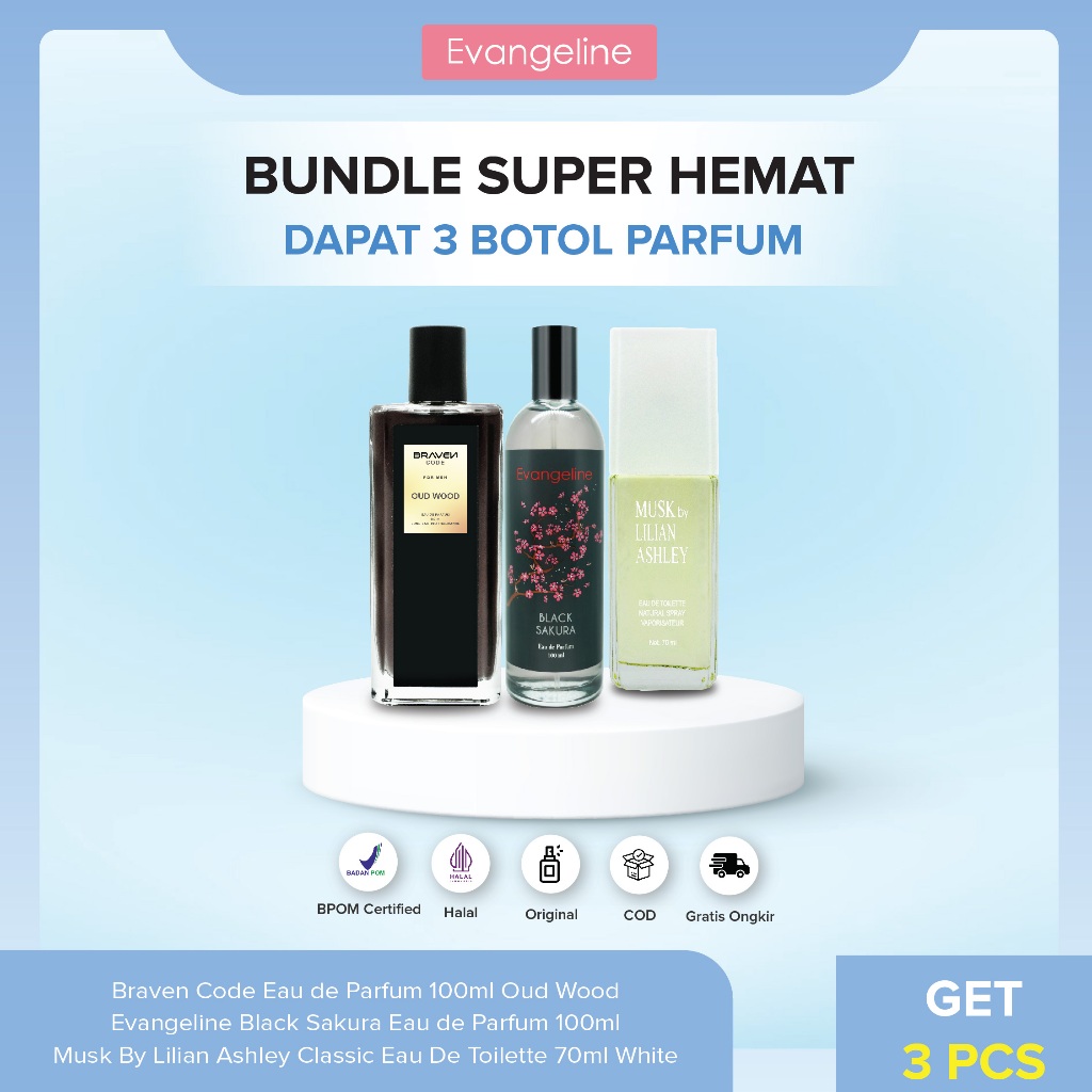 GET 3 | Bundle Super Hemat - Parfum Evangeline Black Sakura, Braven Code Oud Wood, Musk By Lilian As