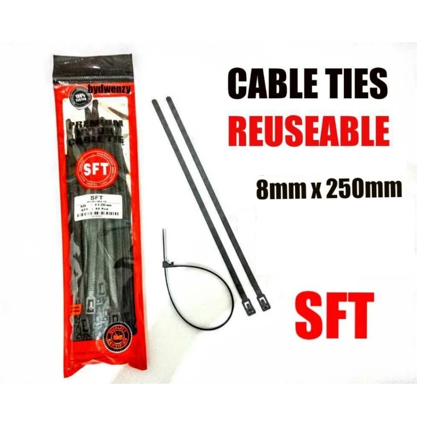 

SFT Nylon Cable Tie 8 x 250 mm Hitam (Isi 50 Pcs) - Kabel Ties Tis 25 cm
