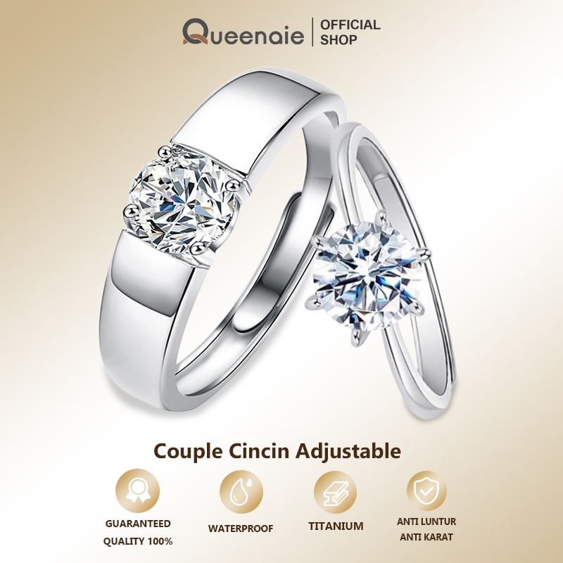 Queenaie Cincin Pria Moisanit Berlian Mewah Ringan Cincin Terbuka Berlian Imitasi Cincin Pasangan