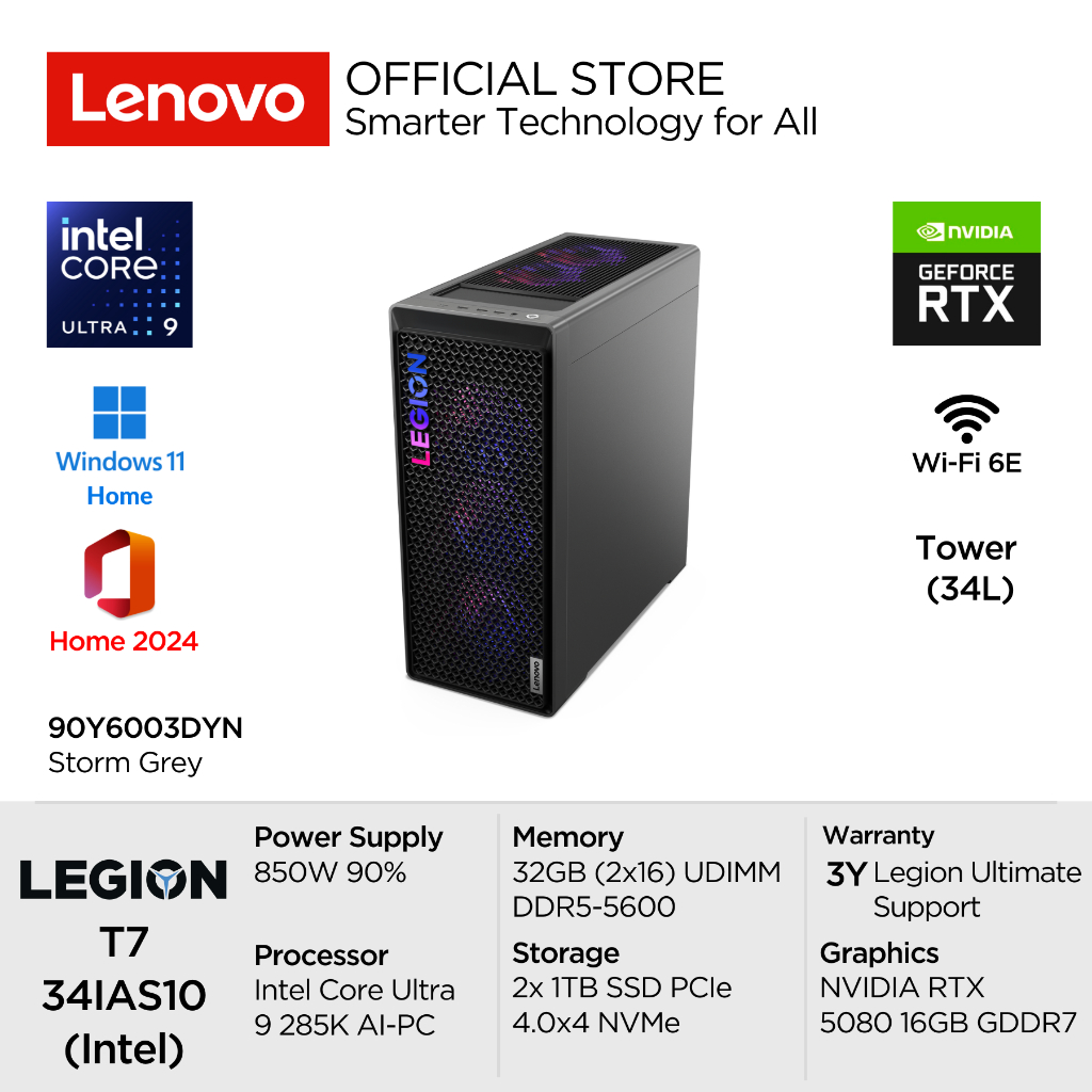 Lenovo PC Legion T7 34IAS10 3DYN Intel Core Ultra 9 285K Win11 32GB (2x16GB) 2TB SSD NVIDIA GeForce 