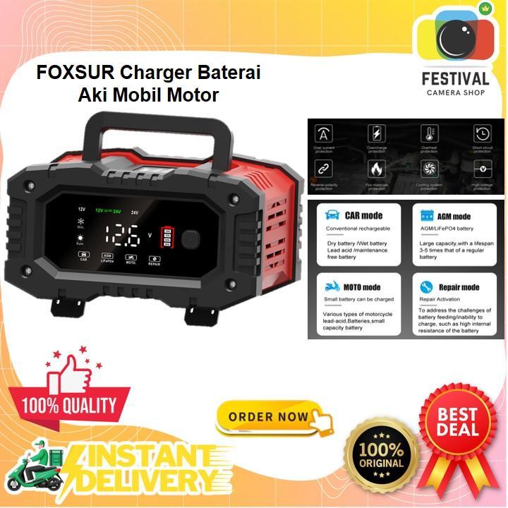 FOXSUR Charger Baterai Aki Mobil Motor Portable 20A 300W 12/24V - FPT-200 - Red