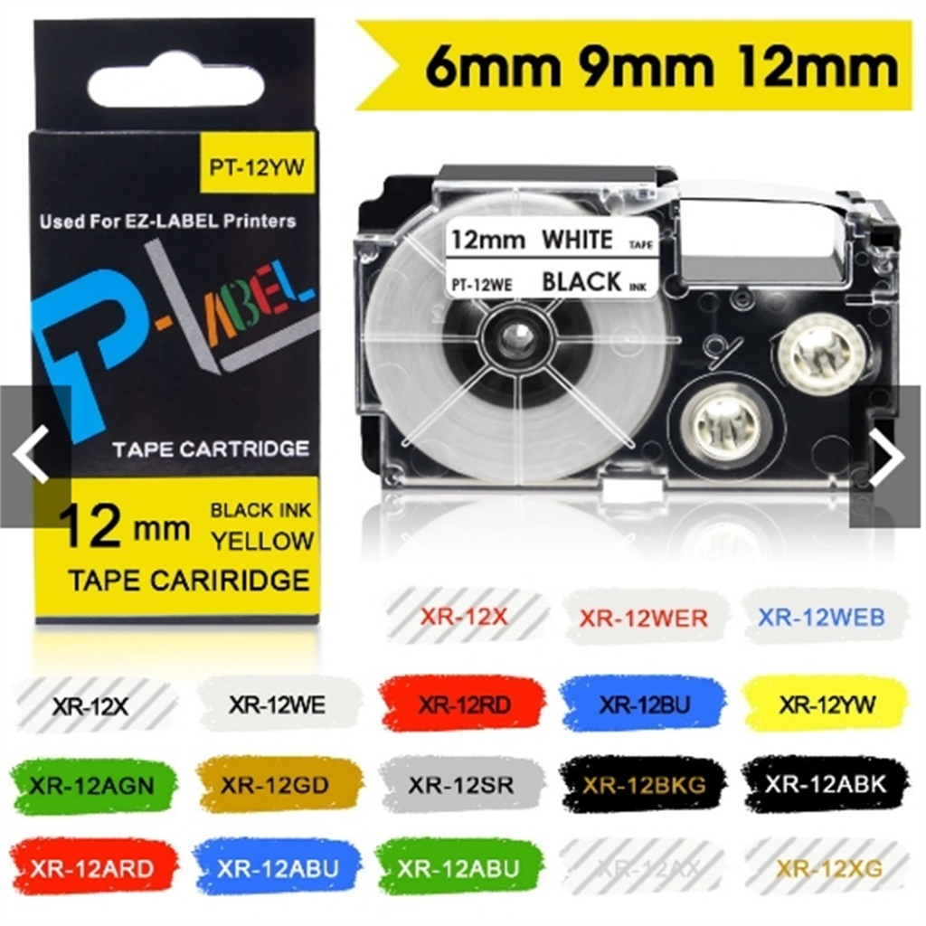 

1PCS 6/9/12mm Label Tape XR12WE XR-12YW XR-9WE XR9YW XR6WE XR-6YW Compatible for Casio KL-120 KL-60 KL-820 KL-780 Label Maker Labeller