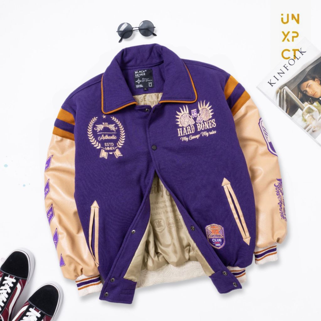 Varsity Jacket Hard Bones Purple Cream Blackseven | Jaket Varsity Full Bordir Lengan Kulit Original 