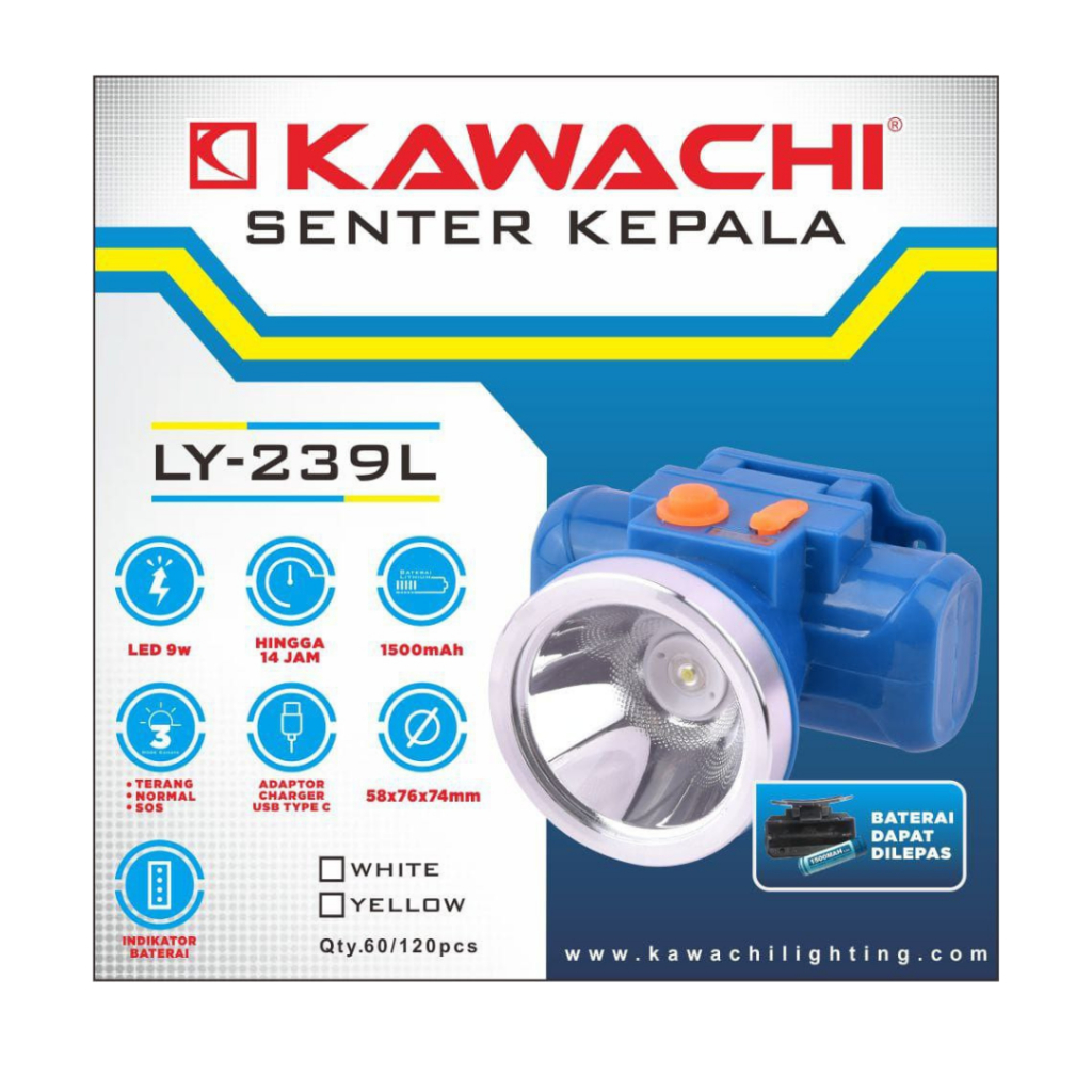 KAWACHI Senter Kepala LY-239L | Headlamp LED 9W – Baterai Bisa Dilepas