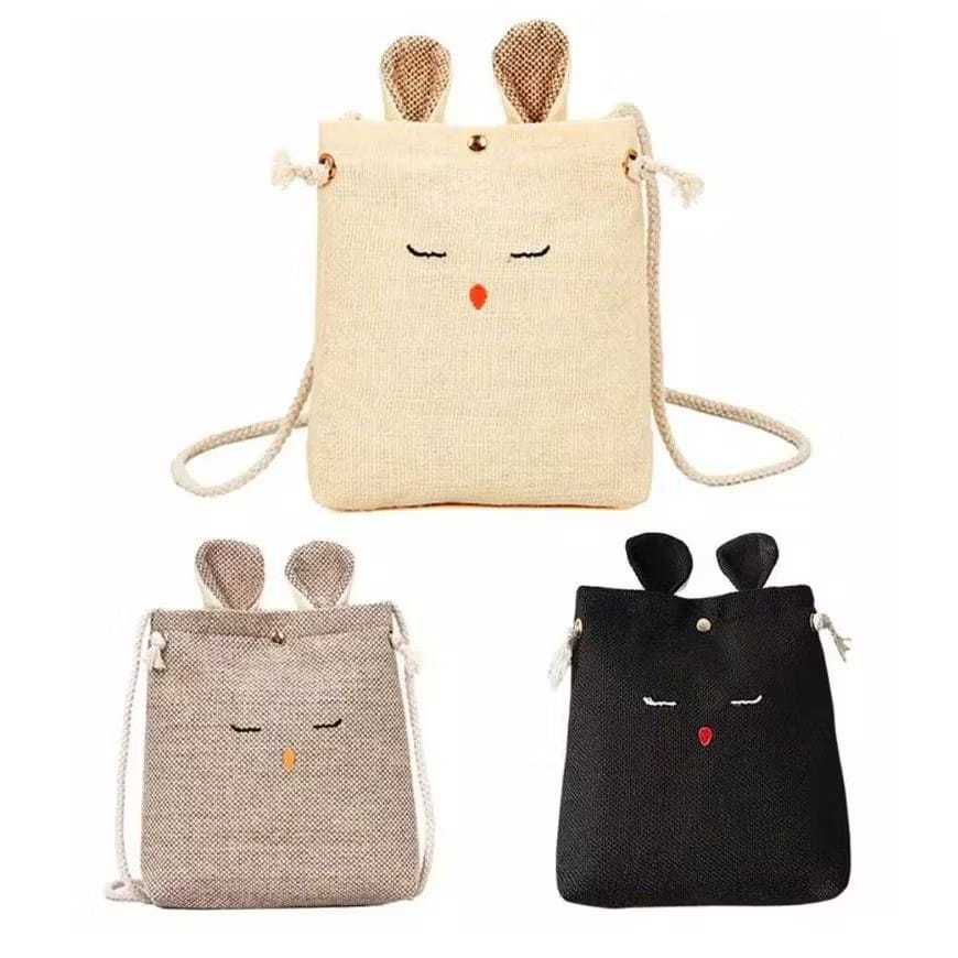 TAS SELEMPANG KAIN KANVAS MOTIF EMOTICON KELINCI RABBIT TAS MURAH GAYA ANAK / TAS MODEL RABBIT
