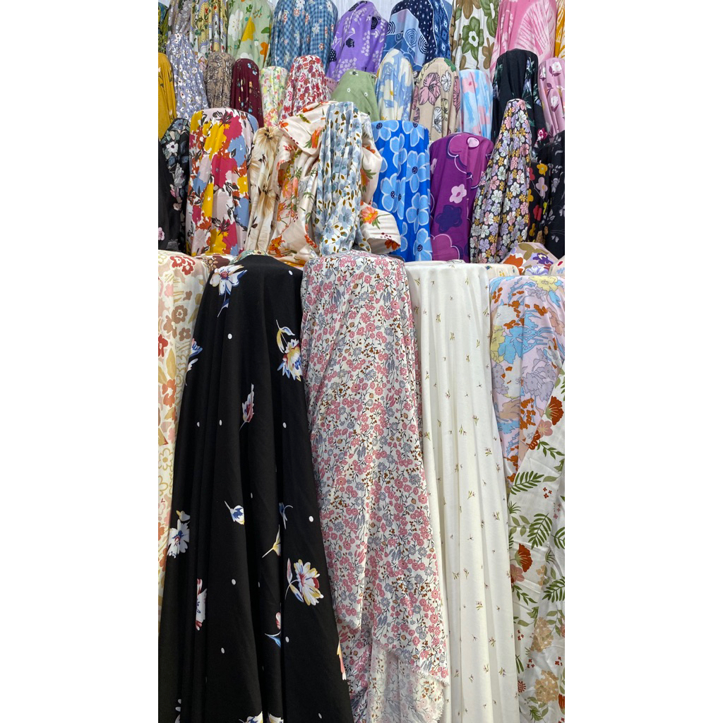 Kain katun rayon premium bahan baju meteran motif bunga warna putih