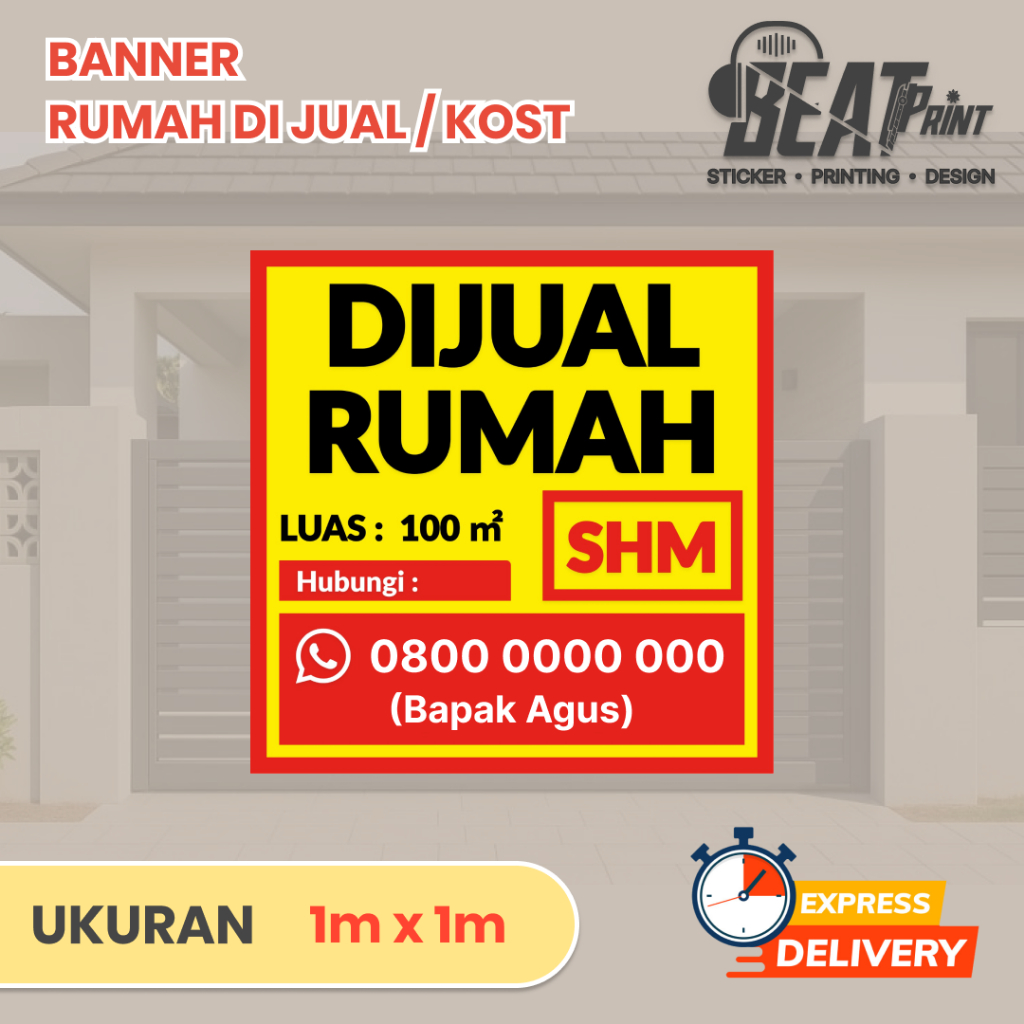 

Banner Rumah Dijual / Disewakan / Terima Kost - Bisa Custom Desain | Ukuran 1m x 1m | BEAT PRINT