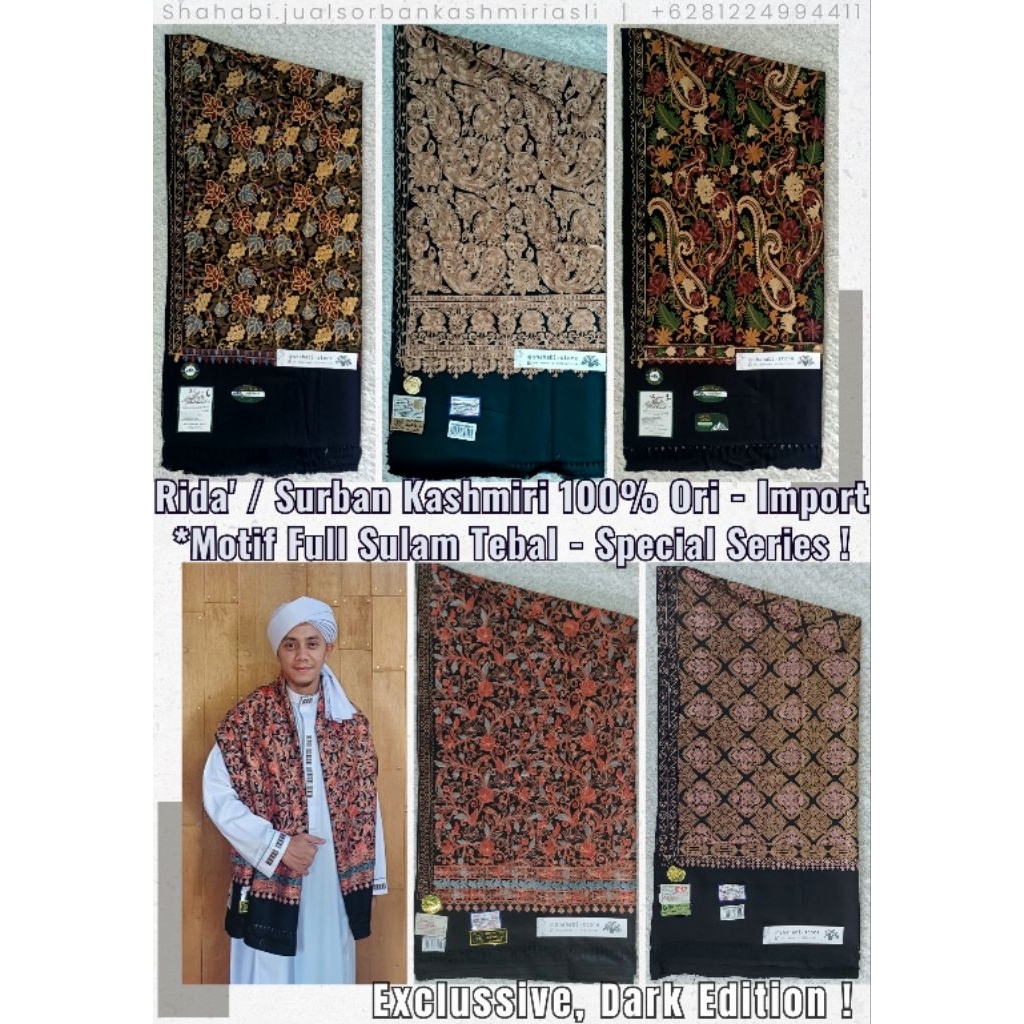 Jual Sorban Kashmiri Asli Motif floral Full Warna Hitam, Sorban Kashmiri Hitam