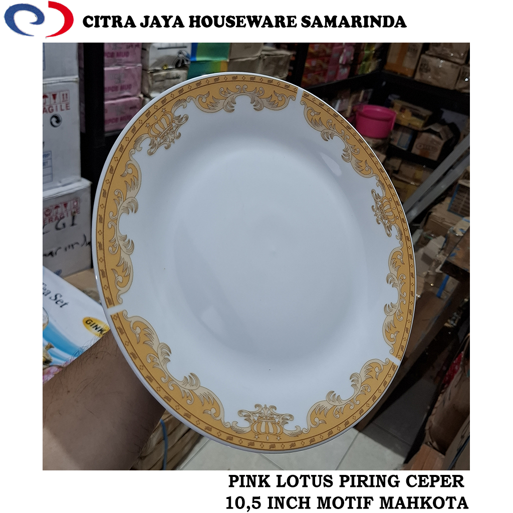 Piring MAKAN CEPER 10,5 INCH (6 PCS / 1 LUSIN) PINK LOTUS MOTIF MAHKOTA KERAMIK