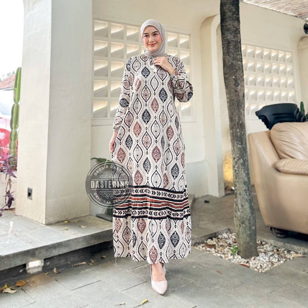 Dress Qonita Panjang Ld 120 Busui Bahan Rayon Premium Midi Dress Pb 130 Motif Mahira Etnik ada Saku 