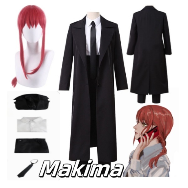 Anime Chainsaw Makima CosplayKostum Hitam Kaos Windbreaker TiePants Pakaian Wanita Seragam Pakaian W