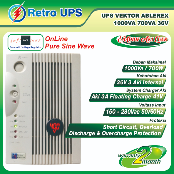 UPS Modif Aki External Vektor 1000VA 36Volt Online PSW