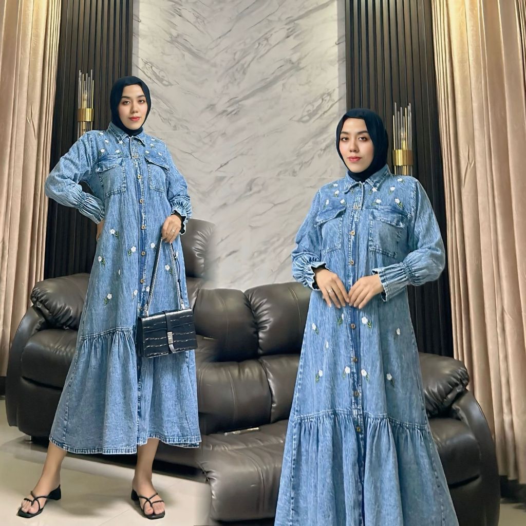 Dress Denim Jeans Korea Style Midi Dress Denim Bordir Bunga Kekinian Casual