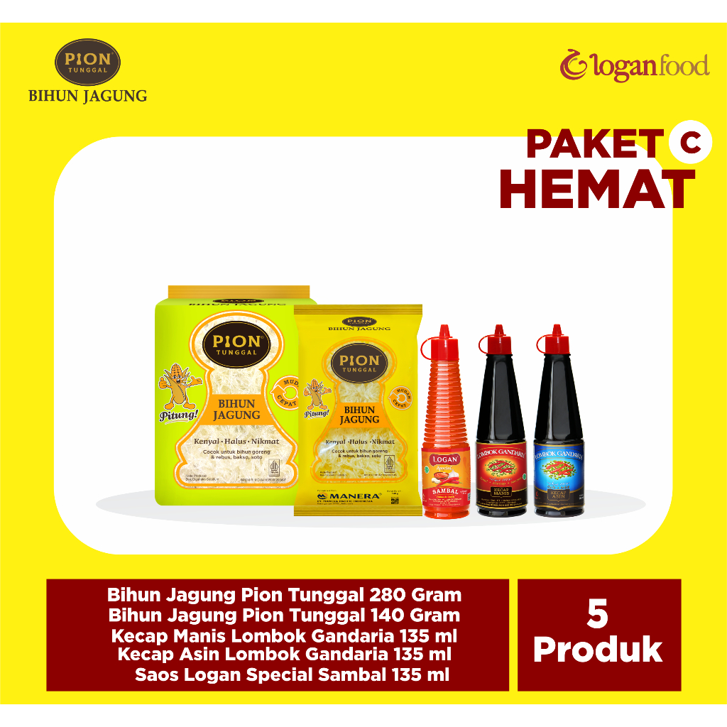 

PAKET HEMAT (C) - BIHUN PION KUNING, HIJAU - KECAP MANIS 135, ASIN 135ML DAN SAOS LOGAN SPESIAL 135ML