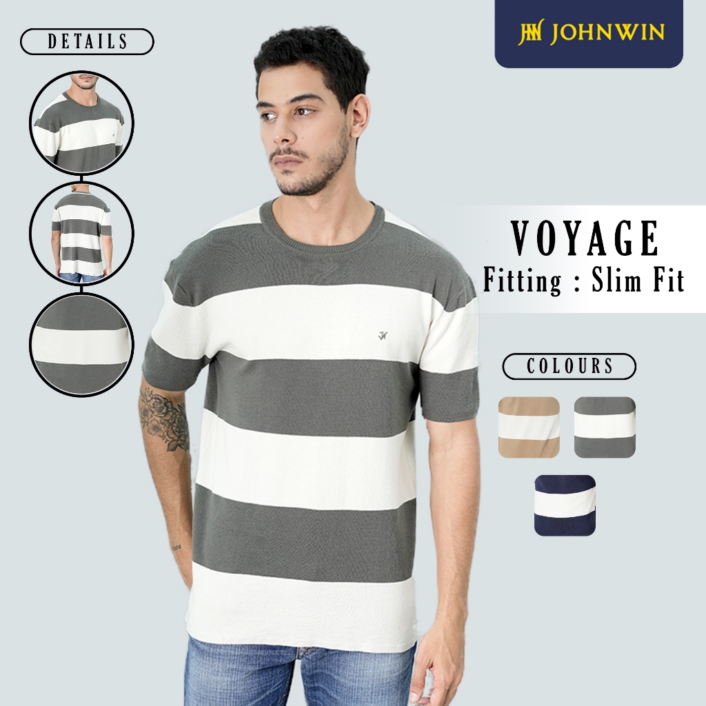 Johnwin - Kaos Sweater - Kaos Voyage - Motif Salur - Abu Putih - FSW.660.D055.002.C-S/S