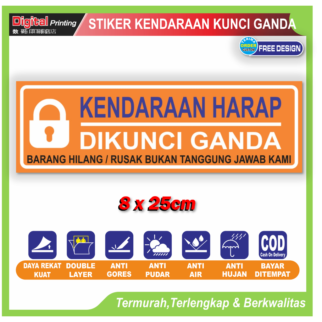 

Stiker tulisan kendaraan harap dikunci ganda sticker peringatan keamanan kendaraan motor mobil
