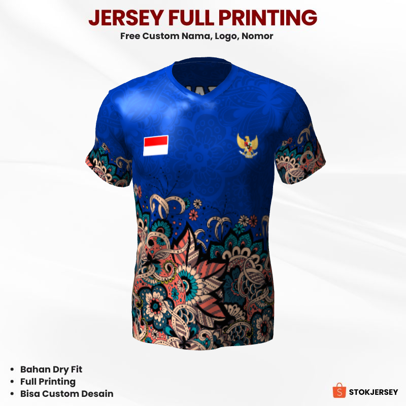 Jersey Futsal Biru Motif Batik 214 - Kaos Jersey Custom Lari, Badminton, Volly, Dll.