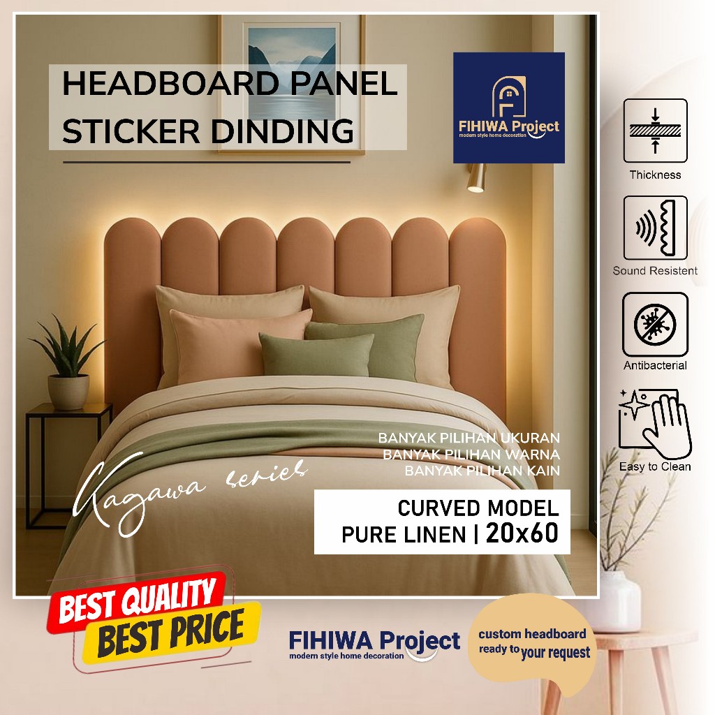 Fihiwa –  Headboard Tempat Tidur Tempel Dinding 20x60cm Pure Linen Kagawa Series Wallpanel Stiker Di