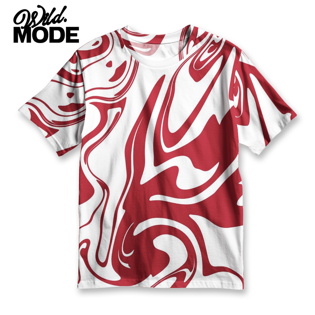 WILD Kaos Full Print Abstrak Swirl Merah Putih – Desain Psychedelic Liquid Modern | WD-495