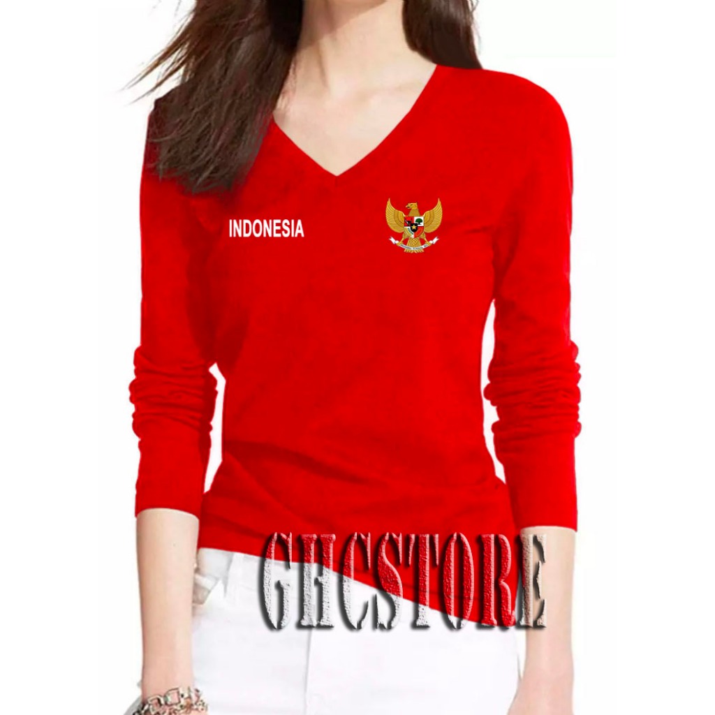 Kaos Kerah V Distro Kemerdekaan/Kaos Wanita Lengan Panjang/Baju Atasan Wanita