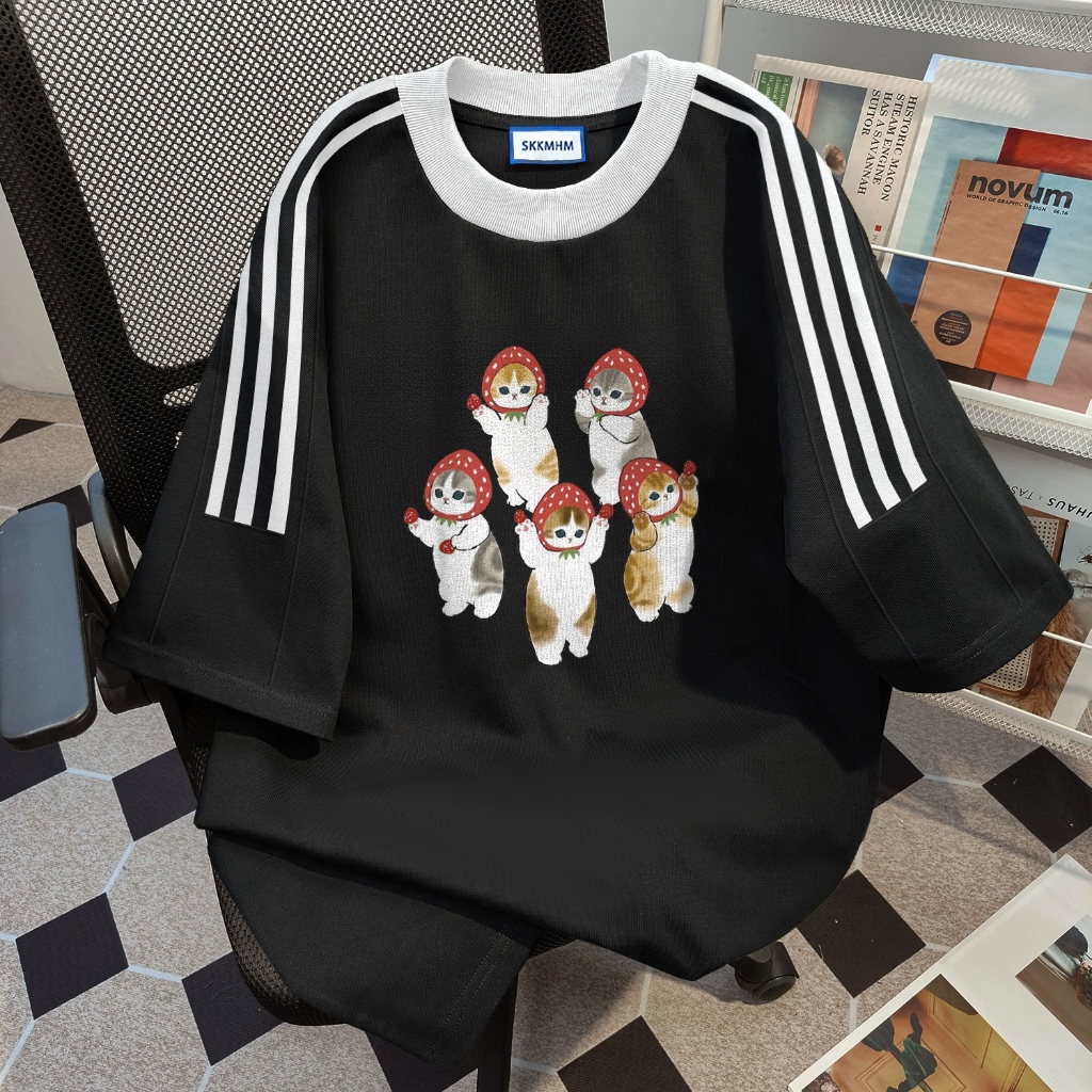 SEZO Baju Wanita Putih Black Kaos Premium Lengan Pendek Oversize Kemeja Lengan Pendek Tiga Garis Mot