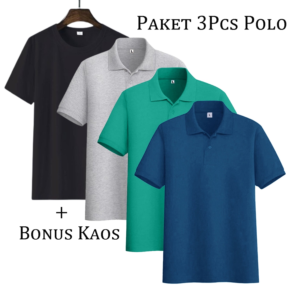RECOMMENDED LISO WEAR - 1PAKET 3PCS110RB+FREE 1PCS KAOS POLOS HITAM KAOS KERAH PRIA POLOSHIRT LENGAN