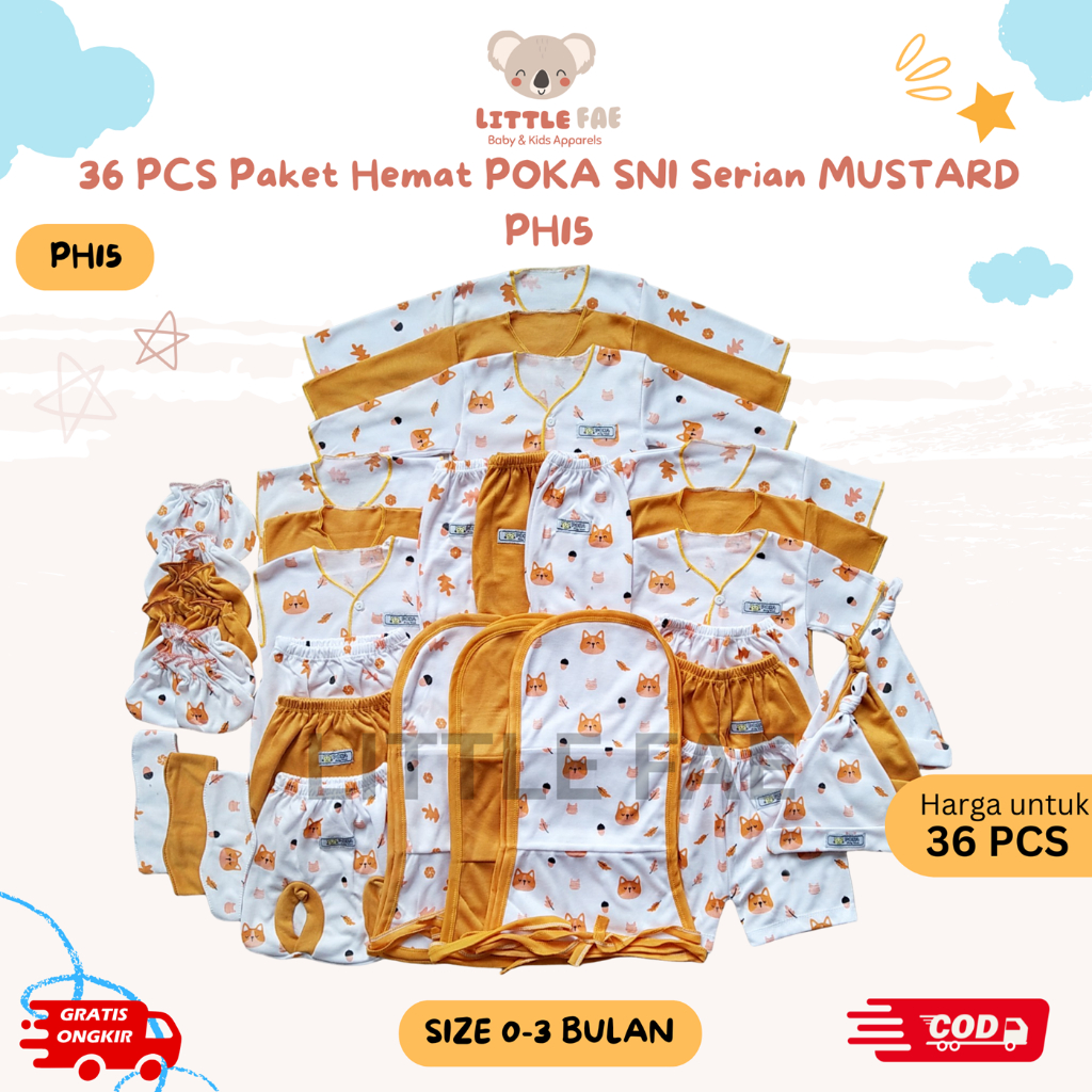 36 PCS Paket Komplit Baju Bayi Baru Lahir | Set Perlengkapan Newborn 0–3 Bulan Warna Mustard PH15