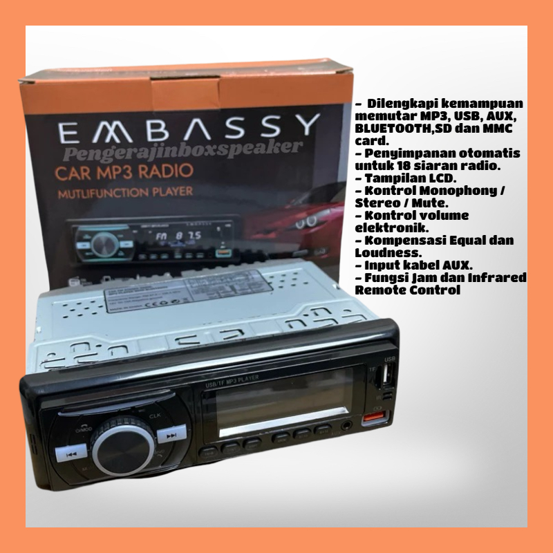 Single din embassy MP3 Tape mobil Tip mp3 Radio Single din Embassy USB AUX Bluetooth Body Besar