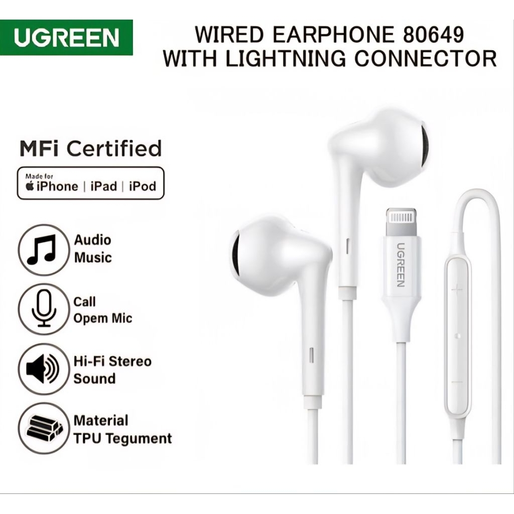UGREEN Handsfree Earphone Headset iPhone Lightning Connector MFI 80649
